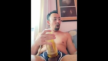 Hot Guy Wearing Glasses Enjoying two Fleshlights