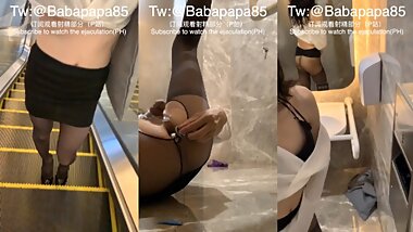[babapapa85] Sissy Wearing a Black Silk Stiletto High-heels Pee in the Mall