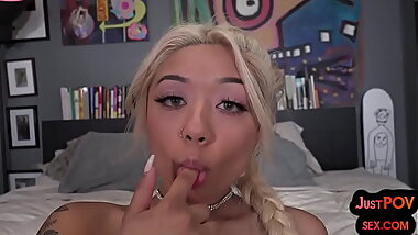 POV Asian tattooed babe pussyfucked after cockblowing